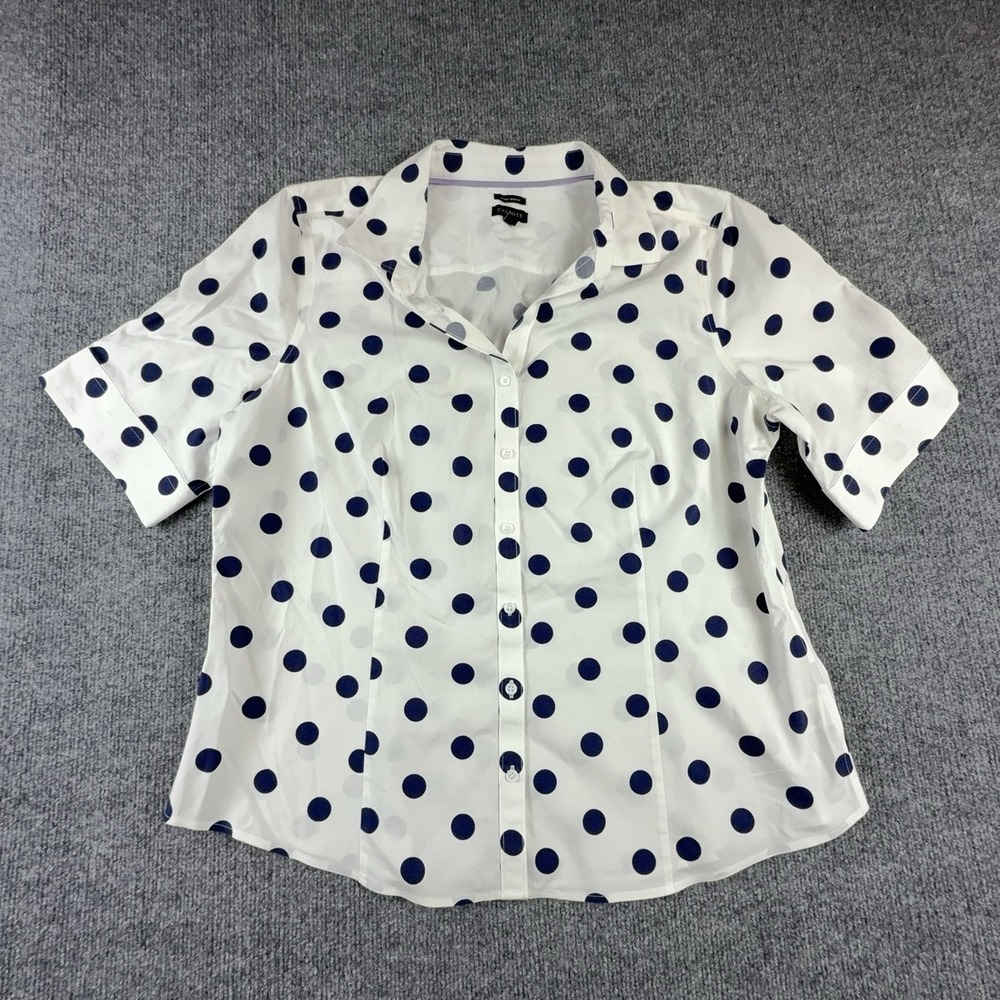Talbots Shirt Womens 16 White Navy Polka Dot Button Front Short Sleeve Top
